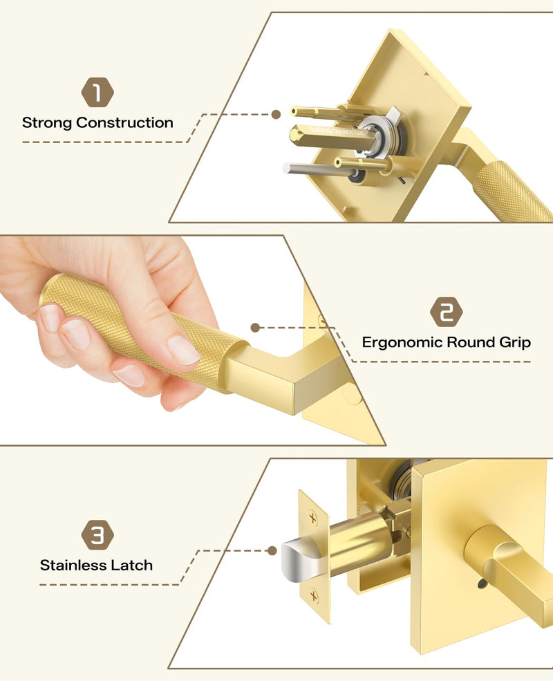 Amerdeco 1 Pack Brushed Gold Privacy Door Handles, Brush Brass Door Handles Interior,Knurled Gold Door Lever, Heavy Duty Bedroom and Bathroom with Lock,Reversible Keyless for Right & Left Side AM0032