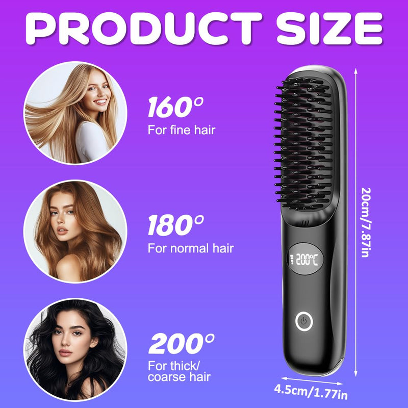Hair Straightener Brush UK,Go Brush Pro UK, Cordless Hair Straightener Brush, Portable Straightener Brush with 4 Heat Settings, LED Display, Glow Wave Heated Brush for Short Hair Travel Home