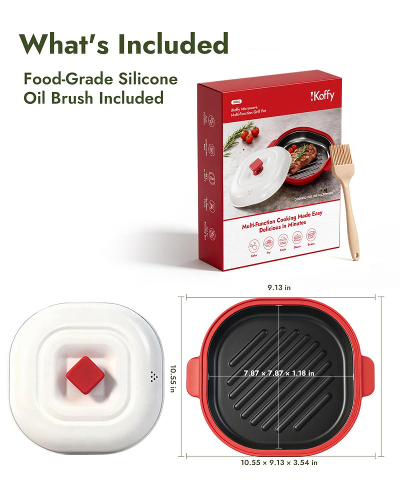 Microwave Grill Pan - Get Real Grill Marks in 5 Minutes, Multi-Cooker (Bake/Fry/Steam) for Steak, Bacon & Veggies. Nonstick, Dishwasher Safe for RV/Dorm/Office Use, Includes Brush