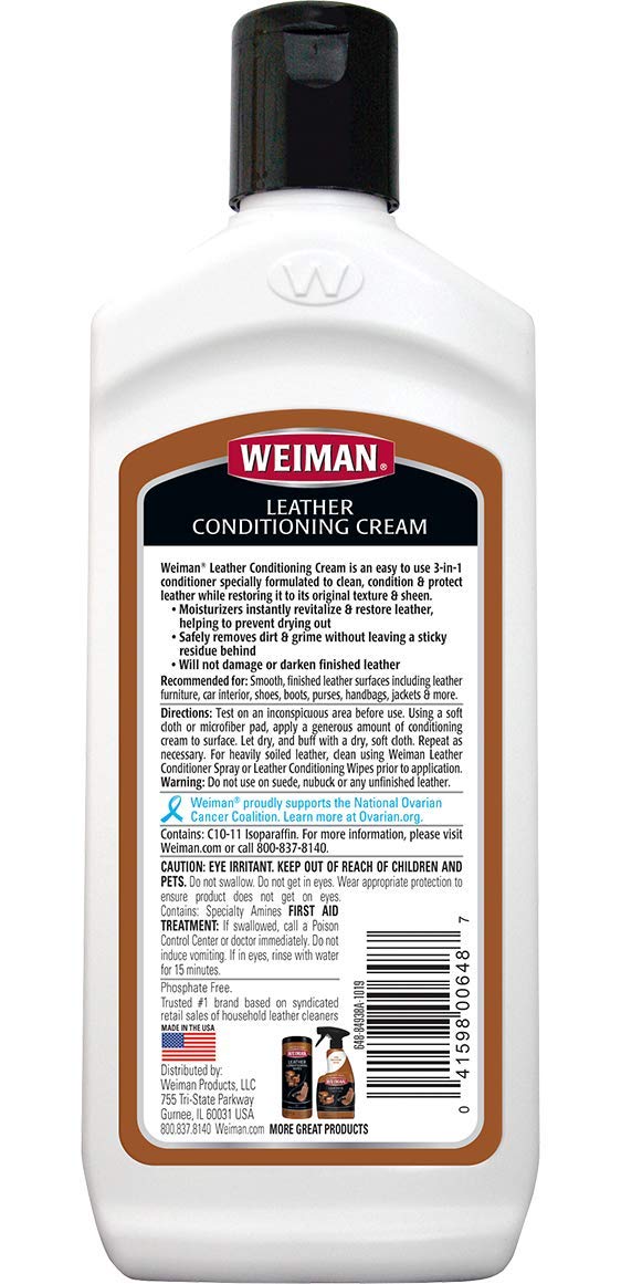 Weiman 3 in 1 Deep Leather Cleaner & Conditioner Cream - Restores Leather Surfaces - Use on Leather Furniture, Car Seats, Shoes, Bags, Jackets, Saddles