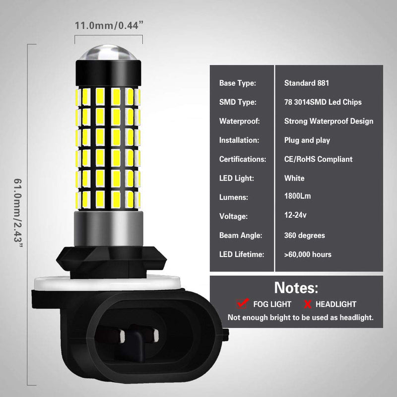900Lm Xenon White 894 881 886 889 896 898 LED Bulbs With Lens Projector For Fog Light DRL Automotive Driving Lamp Daytime Running Light 3014SMD 78-EX Chipsets, 6500K,12-24V 4W 881 Fog Light
