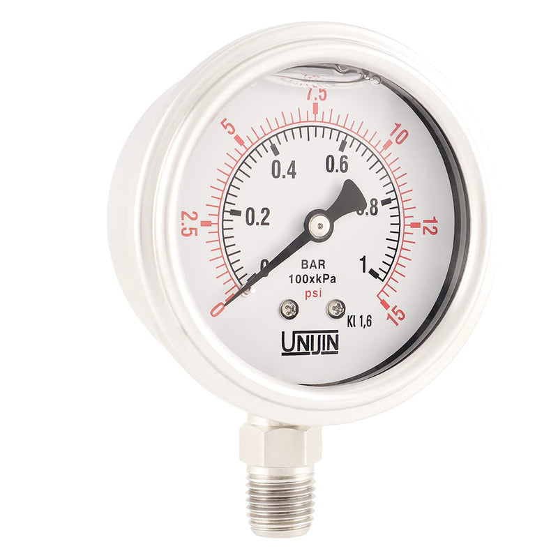 P255 Series 2.5" Dial, Oil Filled Full Stainless Steel Pressure Gauge, 0-15 PSI/kPa, ±1.6% Accuracy, 1/4" NPT, Bottom Mount