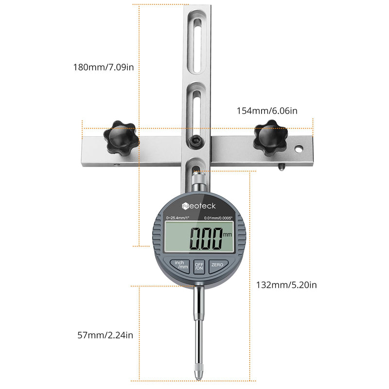 Neoteck 0-1'' Digital Dial Indicator Table Saw Gauge Suitable for Table Saws with a Groove Width of 3/4" (19mm) or more for Aligning and Calibrating Work,Shop Machinery,Band Saw and Drill Press-Silver Silver