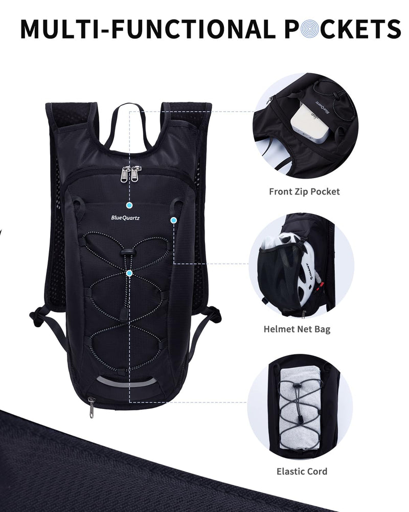 Blue Quartz Hydration Backpack with 2L Water Bladder, Hiking Water Backpack for Women Men, Lightweight Cycling Daypack with Phone Pocket & Helmet Net Bag, Hydration Pack for Biking, Running, Skiing Black Medium
