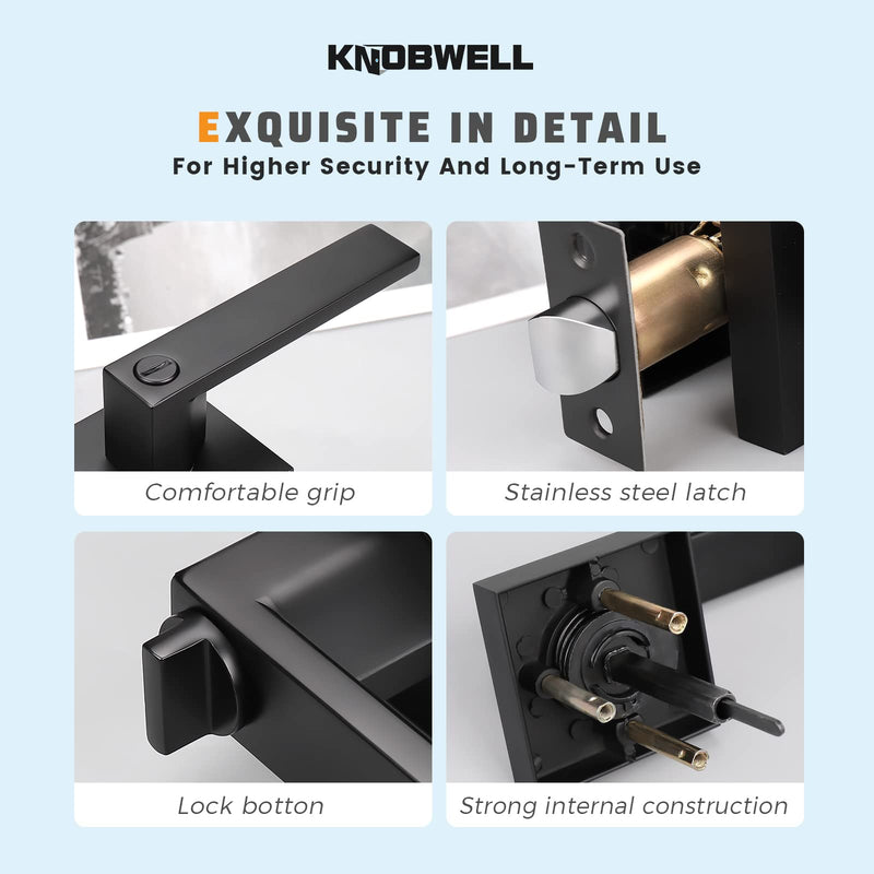 KNOBWELL 6 Pack Door Handles Black, Privacy Door Lever Bed and Bath Leverset Lockset, Left or Right Handing, Matte Black Finish 2.07 lb One Lever Privacy(With Lock)