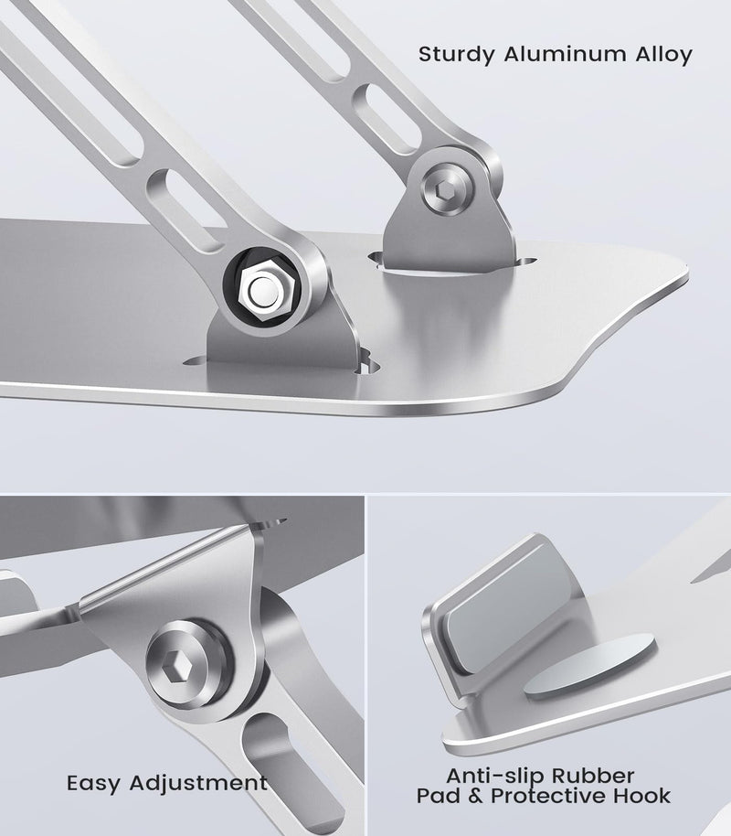 Laptop Stand Adjustable Computer Stand Sturdy Aluminum Laptop Stand for Desk Foldable Laptop Holder Portable Riser for 11–16-inch Laptop Notebook Tablet and More, Silver