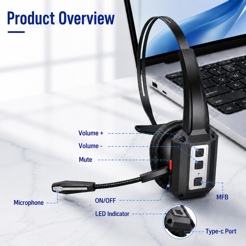 Bytewaveshop Trucker Bluetooth Headset with Mic, 55H Talk Time Wireless Headset, 99% Noise Cancelling Headphones with 270° Adjustable Mic, Bluetooth 6.0, Dual Device for Truck Drivers, Calls, Driving