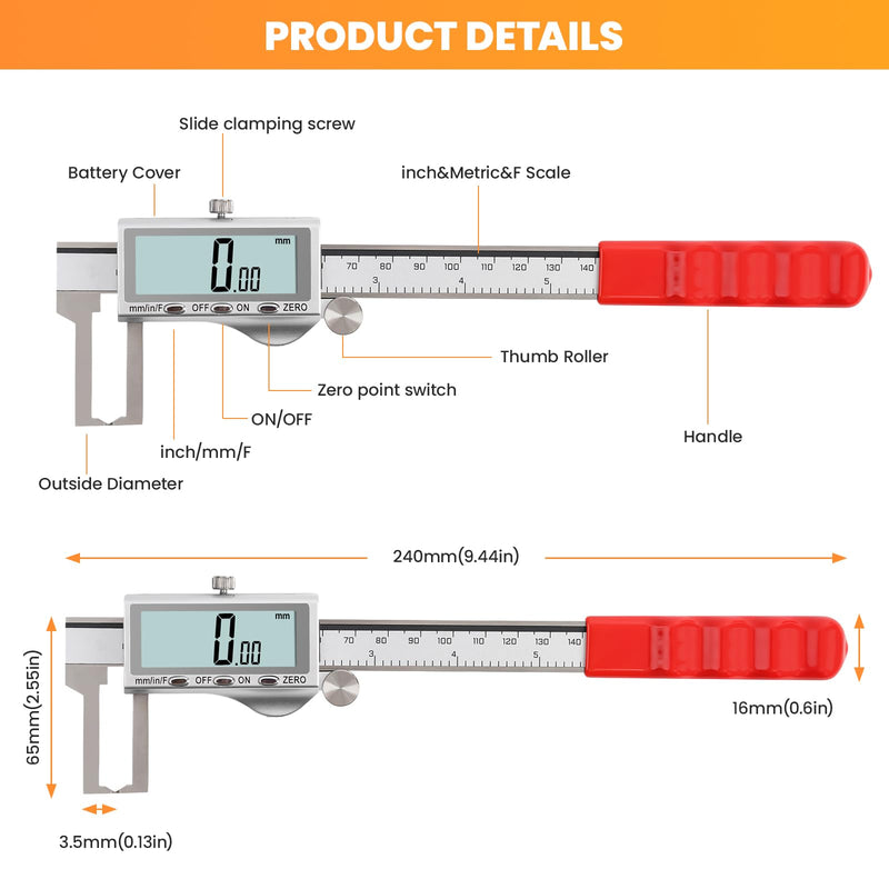 HARDELL Digital Caliper, Disc Brake Rotor Micrometer- F/MM/in, Brake Measuring Tool with Caliper, Large LCD Screen, 6" Stainless Steel Vernier Caliper for Disc Brake, Tread Depth Gauge & Storage Case