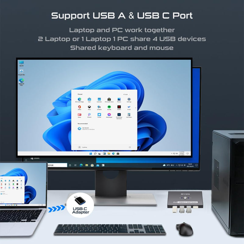 USB Switcher 2 Computers, USB C Switch 2 Computers Share 4 USB 3.0 Devices, with 1 Desktop Controller, 2 USB 3.0 Cables, 2 USB C Adapter