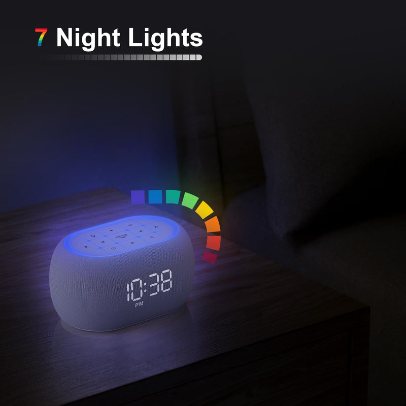 ANJANK White Noise Sound Machine Alarm Clock with Hi-Fi Bluetooth Speaker, 21 Soothing Sounds/7 Night Lights, 0-100% Dimmer/Sleep Timer/Volume Control, Soother for Adults Kids Sleeping, Bedroom, White B-white