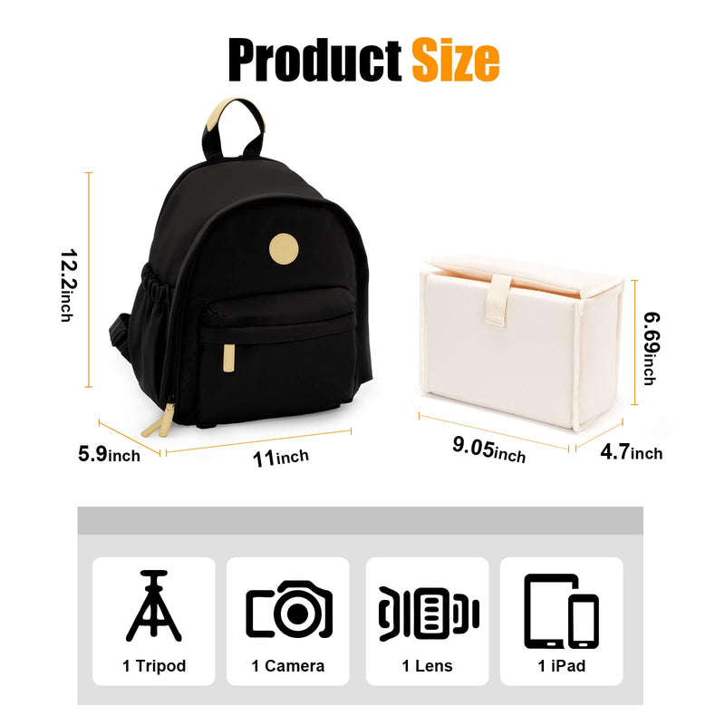 Cwatcun Camera Backpack for Women, Compact DSLR Bag with Tripod Strap | Fits 1body +1lens +10.9"iPad. Removable dividers,18mm padding,waterproof,tripod strap,anti-theft pocket,lightweight 0.96kg. Black 1.0 Small