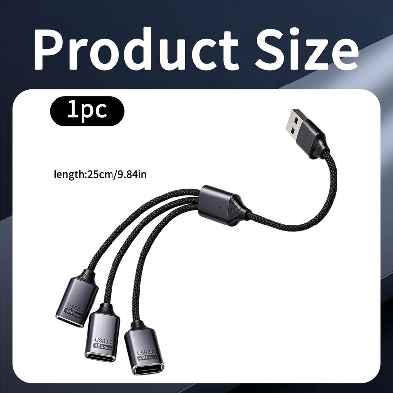 USB 2.0 Adapter USB Y Splitter 1 in 3 Out, 0.8Ft Male to 3 Female Extension Hub Cable for Car/PC/Laptop/Keyboard/Smartphone/Flash Drive Data Transmission (Black)