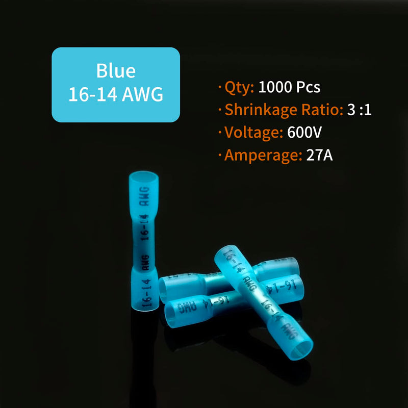 ZIPCCI 1000Pcs 16-14 AWG Blue Heat Shrink Butt Connectors, Marine Grade Insulated Splice Electrical Connectors, Waterproof Wire Connectors Terminals for Marine Crimp, Boat, Cable, Automotive Blue 1000pcs
