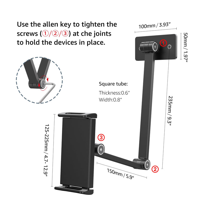 BEWISER Tablet Wall Mount Holder,360° Rotating Flexibly, Height and Angle Adjustable, Folding Aluminium Alloy Long Arm Compatible with4.7-12.9" Phone and Tablet in Kitchen or Office (Space Grey)… Black