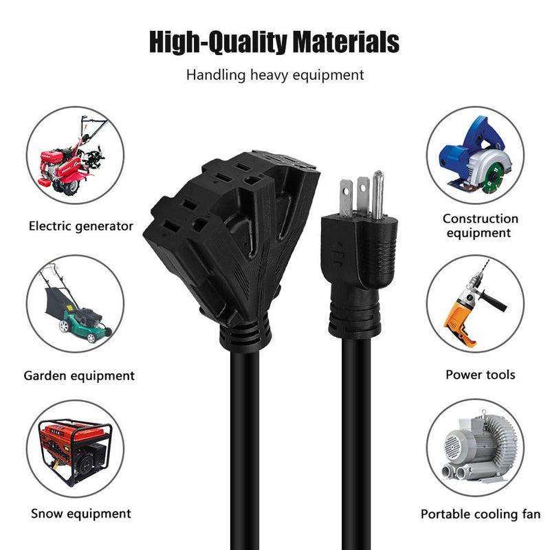 10FT 12/3 Outdoor Extension Cord, Heavy Duty 3-Outlet SJTW Indoor/Outdoor Three-Prong Power-Cord 12-Gauge Grounded 15-Amp 1875 Watts 10 FT