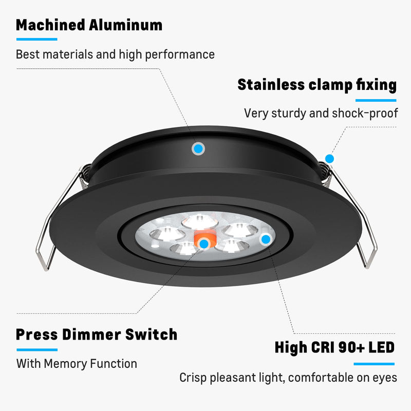 Acegoo Swivel RV Light Recessed Puck Light 12V LED RV Interior Light, 36° Beam Angle Vertical 70° Adjustment,Full Aluminum Downlights, 3‘’ Inbuilt Dimmer Switch & Red Nightlight (Black/3000K 2Pcs) Black-3000K