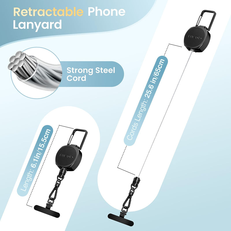 Anti-theft Phone Tether, Retractable Steel Line Phone Lanyard | Cell Phone Strap with Metal 360° Tether Tab and Carabiner for Outdoor Skiing Hiking Climbing Fishing Travelling, Black