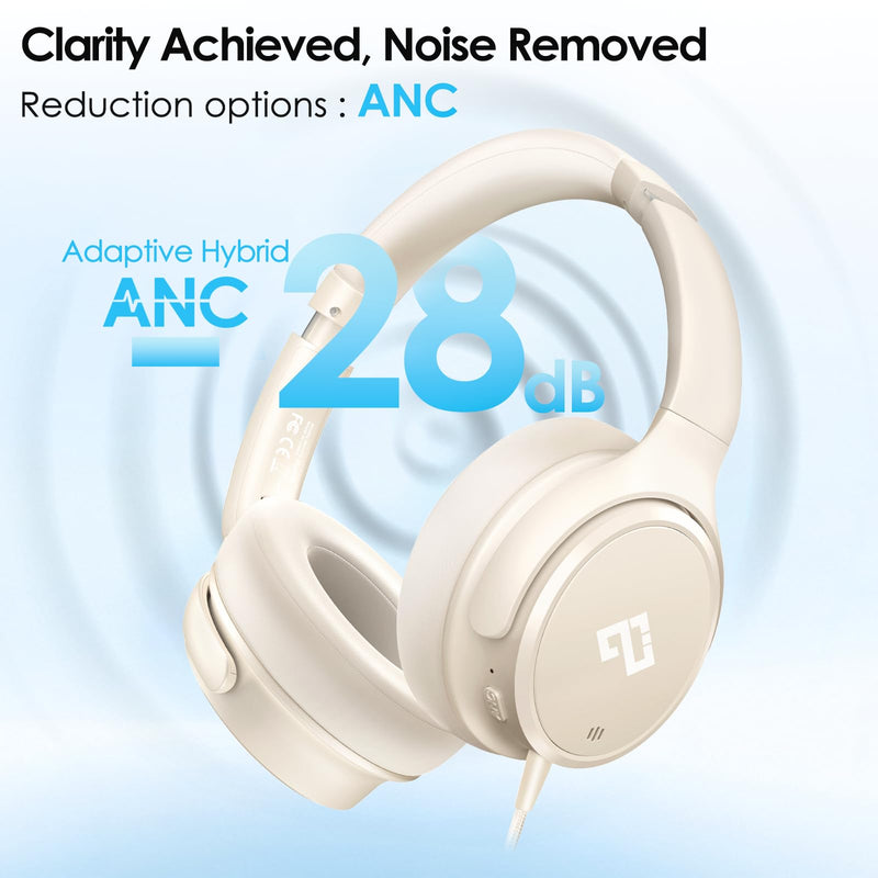 INFURTURE USB C Headphones Wired Active Noise Cancelling Over Ear-White | Portable/Comfortable/Built-in Microphone/Lightweight/for iPhone/iPad/Sports/School/Travel/Plug and Play/Ideal Gifts White