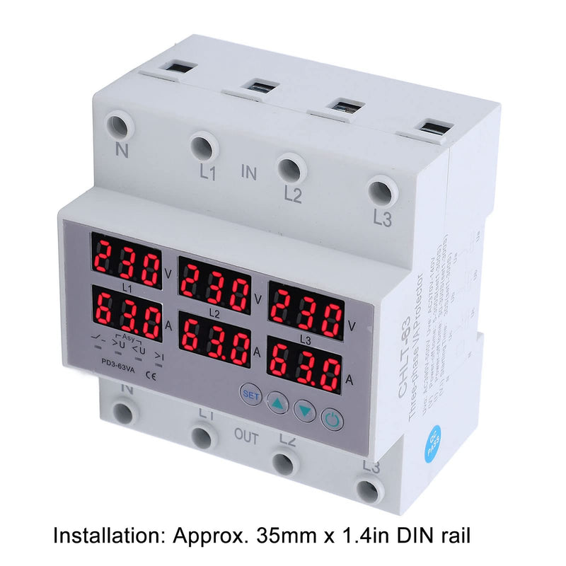 Digital 3 Phase DIN Rail Voltmeter Ammeter, AC230-300V Electricity Usage Monitor, Watt Kwh Frequency Power Factor Meter Multimeter Current Power Tester (63A)
