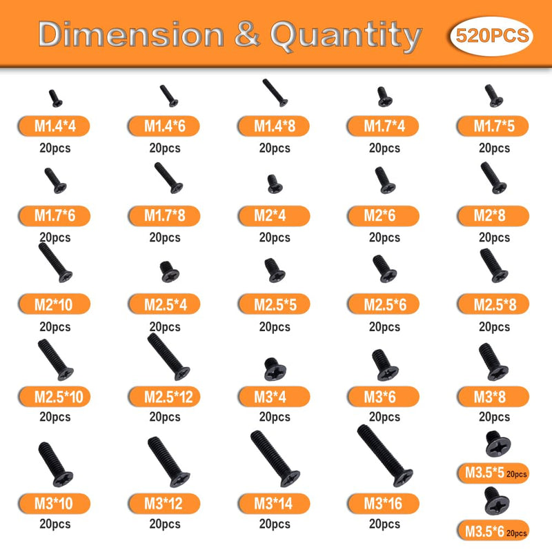 520 Pcs 26 Sizes Laptop Notebook Computer Replacement Screws Kit M1.4 M1.7 M2 M2.5 M3 M3.5, Small Tiny Screws Electronic Repair Accessory for IBM HP Dell Gateway Sony Samsung Hard Disk SSD SATA Flat Head/520pcs