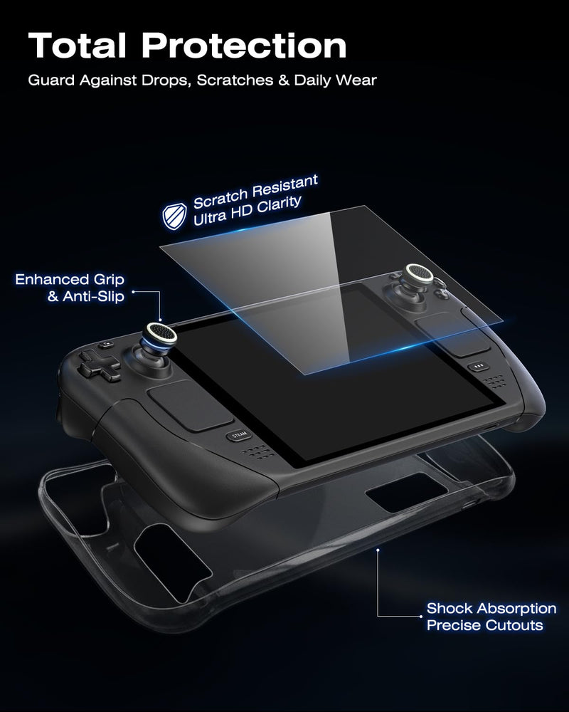 Steam Deck Dock, All-in-One Accessories Bundle for Steam Deck | 4K@60Hz Docking Station, 65W Fast Charger, USB C & HDMI Cable, Protective Case, Screen Protectors & Thumb Grips Black Translucent