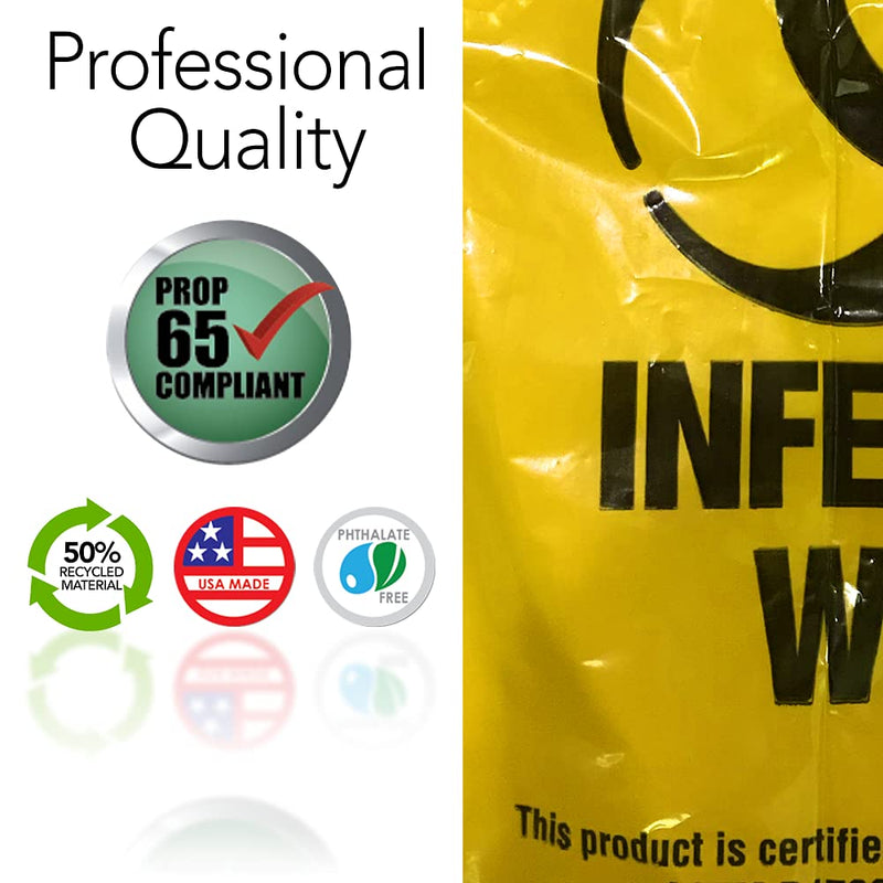 RESILIA Biohazard Bags - For Infectious Waste Disposal, Meets DOT ASTM Standards for Hospital Use, OSHA Approved, Yellow, 33 Gallon, 29" W x 43" L, 1.35 Mil, 0.00135 Inch, 25 Bags, Made in the USA