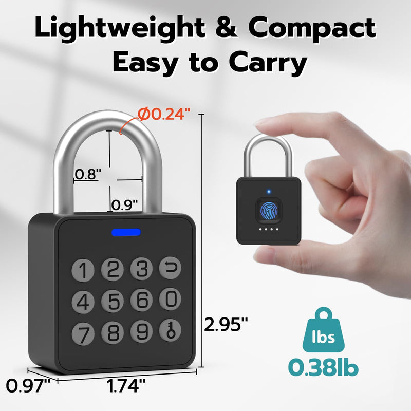 Smart Locker Lock with Code, Fingerprint Keyless Biometric Padlock, Weatherproof Biometric Combo Lock with Bluetooth APP, Smart Combination Pad Lock Storage Unit Outdoor Fence Gate Shed
