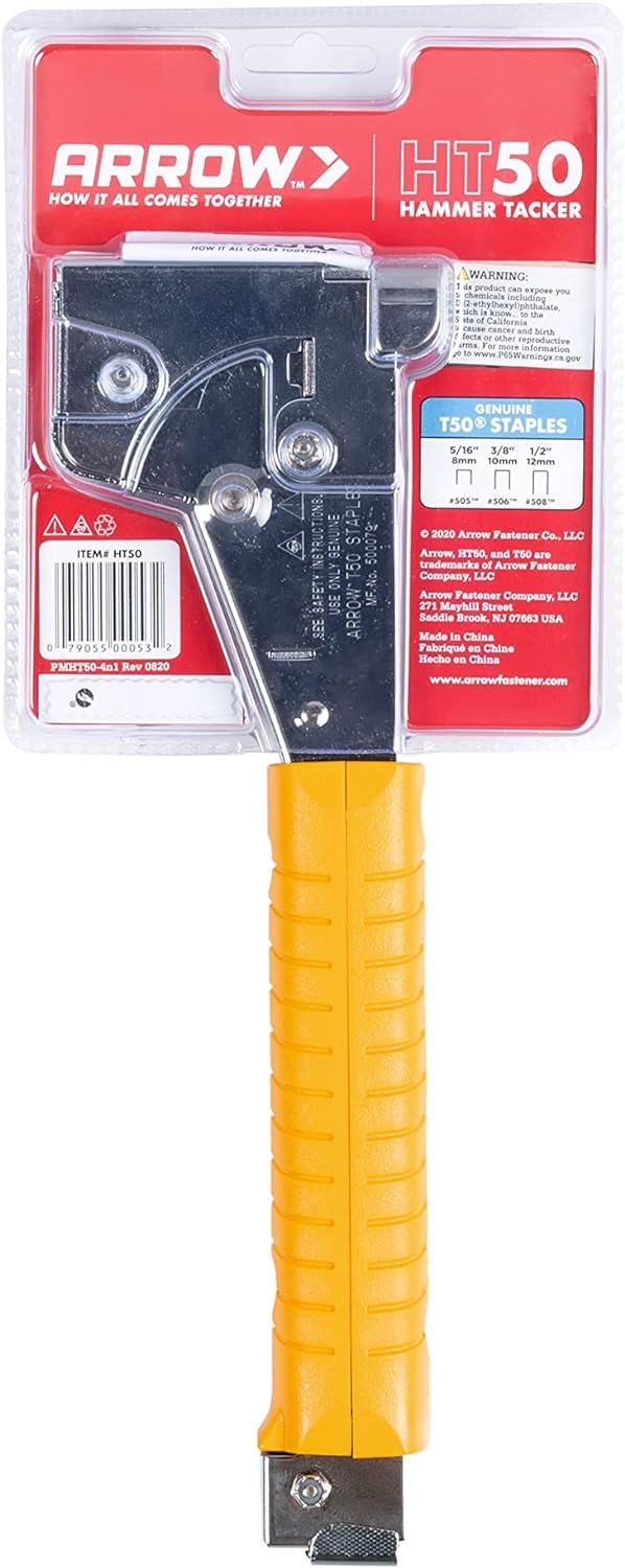 Arrow HT50 Heavy Duty Hammer Tacker, Chromed-Steel Manual Stapler with Sure-Grip Handle, Dual-Capacity Rear-Load Magazine, Fits 5/16”, 3/8", or 1/2" Staples (1-Pack)