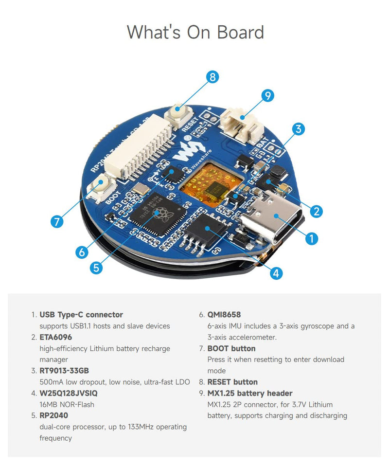 Waveshare RP2040 Microcontroller Development Board, with 1.28inch Round Touch LCD, Compact Size, Accelerometer and Gyroscope Sensor