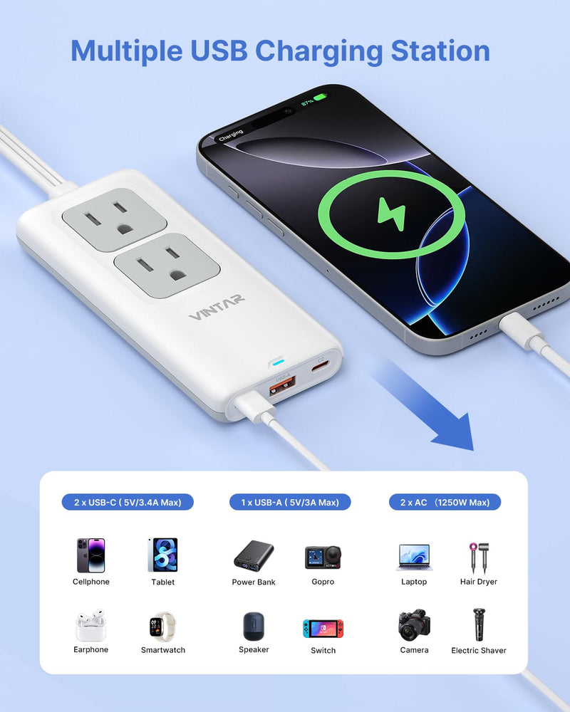 VINTAR 5FT Cruise Approved Travel Power Strip with 3 USB Ports(2 USB C) | Non Surge Protector, 45° Flat Plug Extension Cord, 2 Pop Up Outlets, Home Hotel Travel Cruise Ship Essentials