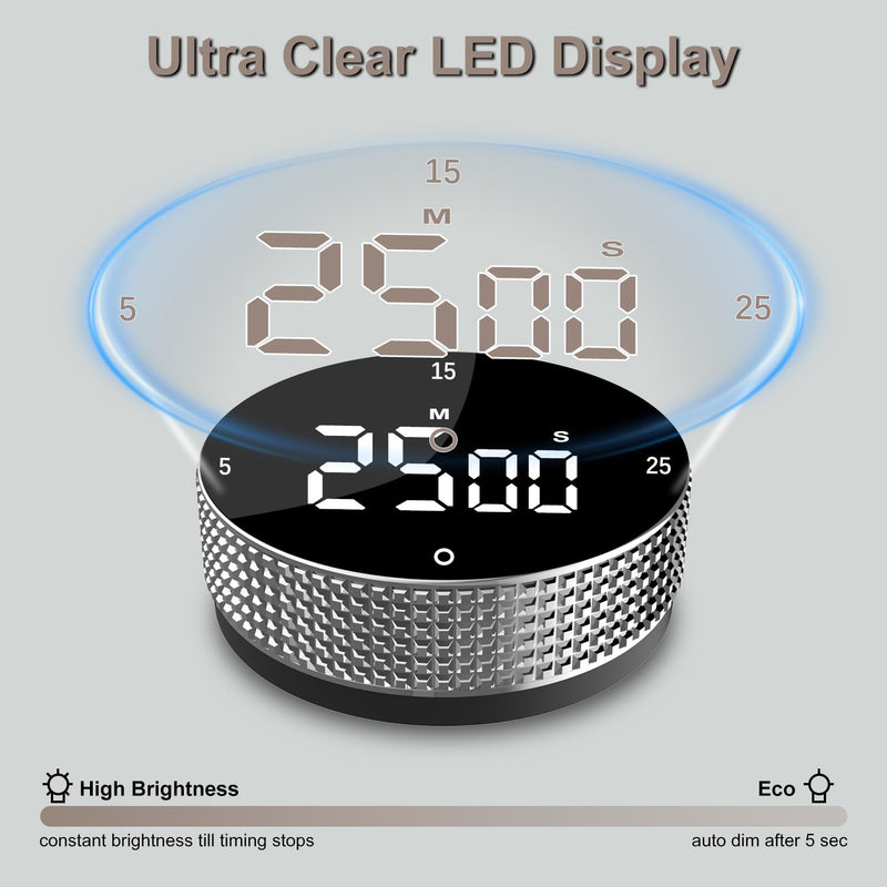 Digital Kitchen Timer with HD LED Display, Magnetic Countdown & Countup Timer for Cooking, 99 Minutes Rotating Pomodoro Timer for Classroom, Fitness, Office. Silver