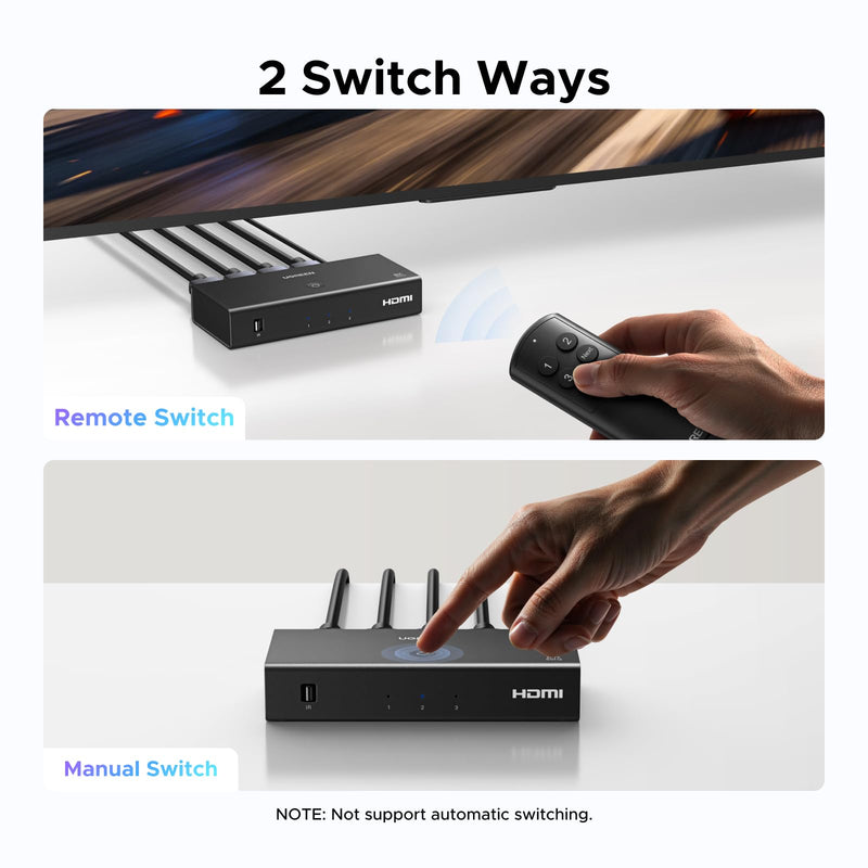 UGREEN 8K@60Hz HDMI 2.1 Switch 3 in 1 Out, with Remote, VRR, 4K@240Hz | Ultra HD, Support G-Sync, Free Sync, HDR10+ HDCP 2.3, HDMI Splitter, Compatible with PS4/PS5, Xbox, Switch, Roku, Fire Stick
