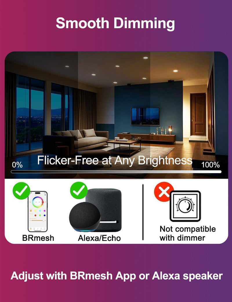 iLC 4 inch LED Recessed Lighting Color Changing, Work with Alexa (Alexa speaker Required), APP Controlled, RGB Canless Recessed Lights, 16 Million Colors, 2700K-6000K,10W,900LM, Bluetooth Mesh,6 Packs 4inch 6.0