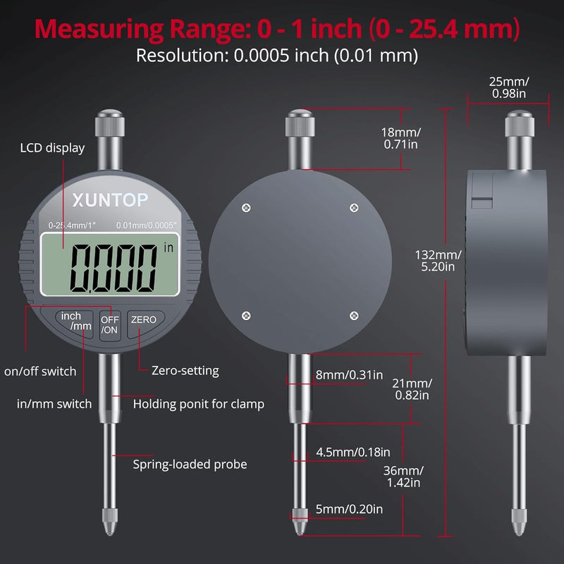 XUNTOP 0-1inch/0.0005inch Dial Digital Indicator and 90lbs (40kg) Magnetic Base Magnetic Electronic Indicator with 3 Adjustable Joints 5/16 inch (8mm) Clamping Diameter for Lathe CNC 3D Printer PRIME-90lbs/40kg Max Pull