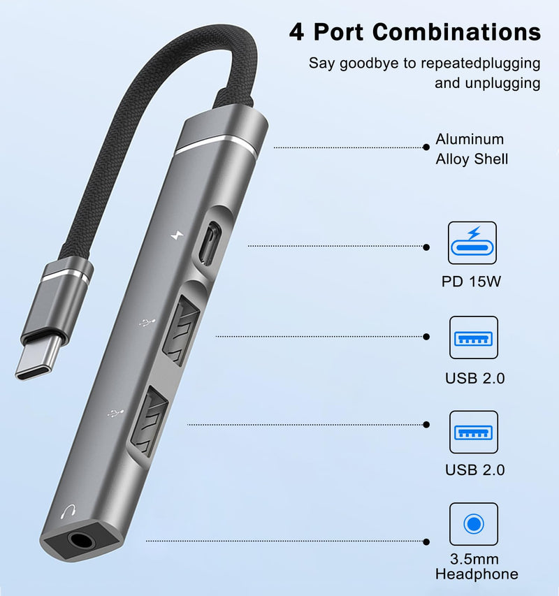 USB C Hub, 4 in 1 Aluminum USB C to USB OTG Adapter, USB C Splitter with 1 * 3.5mm Headphone Jack, 1 * 15W PD, 2 USB A Ports, USB C Hub Dongle for MacBook Air/Pro,XPS,iMac Mini,iPad Pro,More