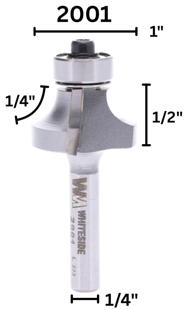 Whiteside 2001 Roundover Router Bit: 1/4 Inch Radius, 1 Inch Large Diameter, 1/4 Inch Shank, 1/2 Inch Cutting Length