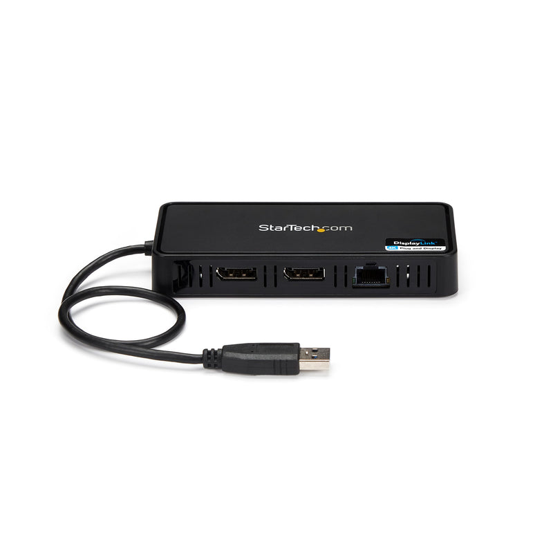 StarTech USB-A DisplayLink Dual 4K 60Hz DP Mini Dock, GbE, TAA (USBA2DPGB) | USB 3.0 mini docking station, DisplayLink, Gigabit Ethernet port, 1ft 30cm cable, Laptop adapter, Portable
