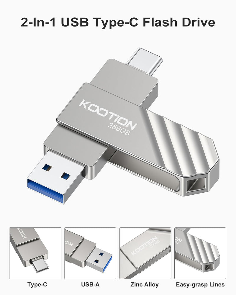 KOOTION 256GB USB 3.2 Flash Drive Metal Type C USB Solid State Drive Up to 450MB/s Dual USB C Flash Drive Swivel Thumb Drive Pen Drive Memory Stick for iPhone15, Silver Up to 450 MB/s