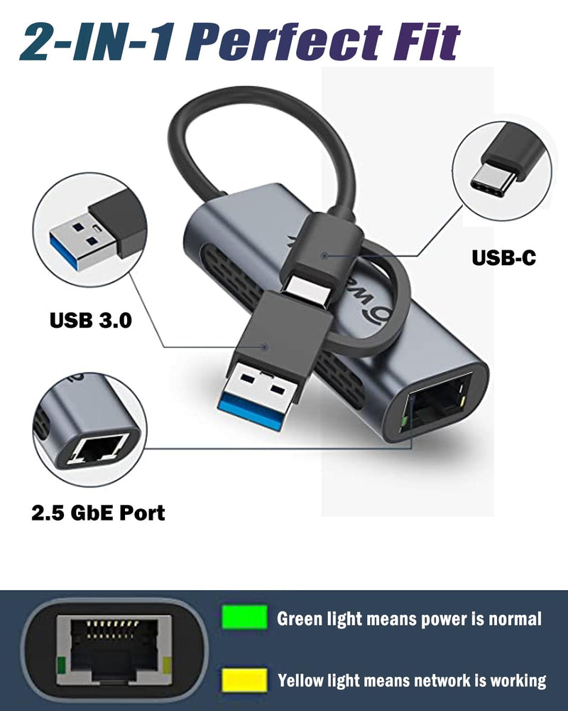 Wavlink USB C to Ethernet Adapter 2.5 Gbps, 2-in-1 USB to 2.5G Ethernet Adapter, USB-C to RJ45 Network Converter (Thunderbolt 4/3 Compatible), Aluminum Case for Windows, Mac OS, iPad OS and More. 330GCA