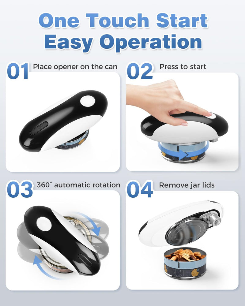 Auto Stop Electric Can Opener - Rechargeable Can Openers Smooth Edge for Seniors,One Touch Cut Opener Handsfree for Kitchen Portable for Any Size Cans Black White
