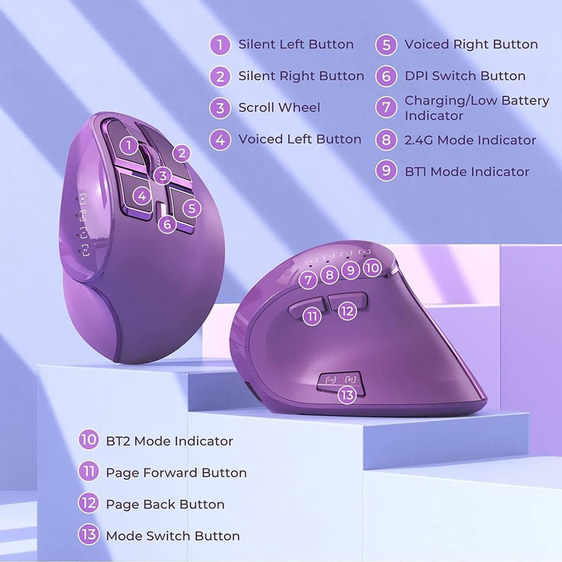 JOMAA Vertical Ergonomic Wireless Mouse, 2.4G and Bluetooth 5.0/3.0 Dual Mode, Silent, 3 Adjustable DPI Levels, Rechargeable, for Laptop/PC/Mac/iPad/Android Purple
