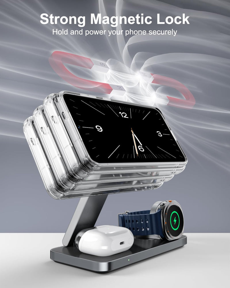 Qi2 25W Magnetic Wireless Charger for Samsung, 3 in 1 Fast Charging Station Compatible with MagSafe for Galaxy S26/S25/S24/S23/Ultra/Plus/Z Fold/Flip 8, Watch Ultra/8/7/6/5 & Buds with 35W Adapter Black 25.0 Watts