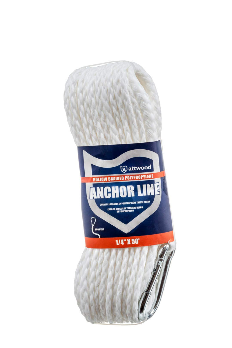 Attwood Hollow Braided Polypropylene Anchor Lines White 1/4-Inch x 50-Feet 1/4" x 50' - Snap Hook