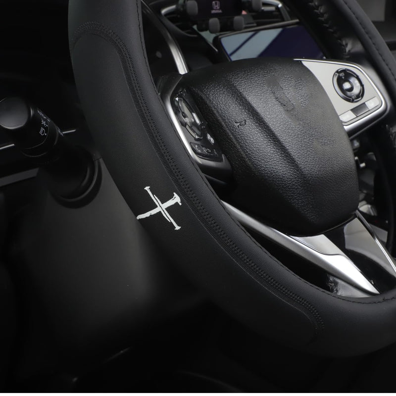 Premium Leather Steering Wheel Cover Compatible with Cross of Nails, Christian Religious Cross with Nails, Jesus Christ,Non-Slip, Breathable 14.5-15 inch Black-szj