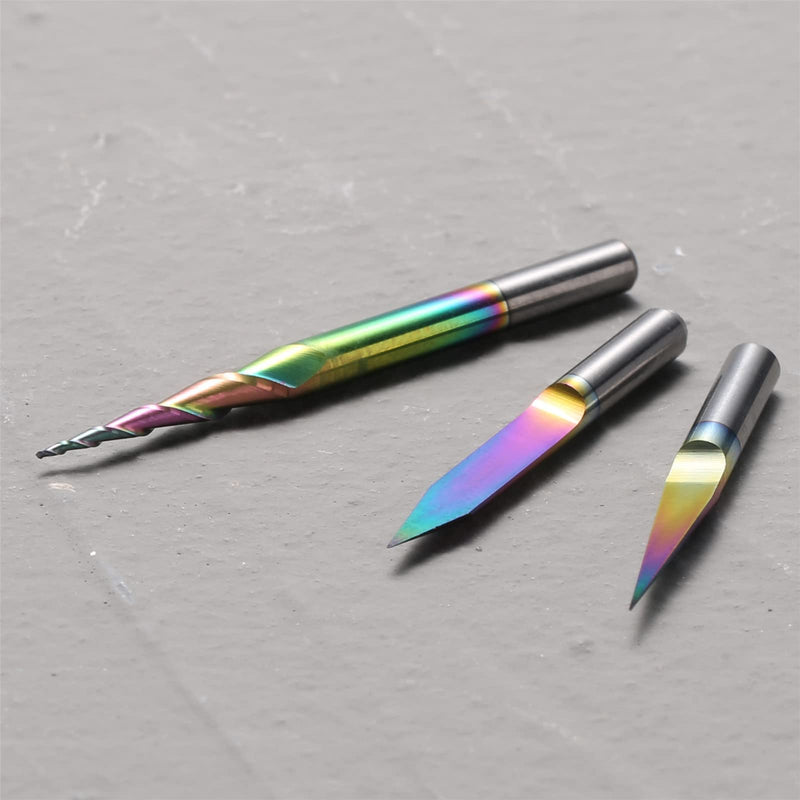 Genmitsu 3PCS V-Shape Tapered Ball Nose End Mills for Aluminum, Copper, Brass Engraving and Other Metals Carving, Chromatic Coating CNC Bits, 1/8''(3.175mm) Shank, EM03A