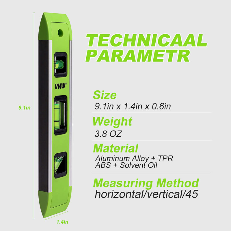 9 Inch Torpedo Level, Magnetic Bubble Level with 45°/90°/180° Bubble Vials, Shock Resistant Leveler Tool for Measuring (4) 4PCS
