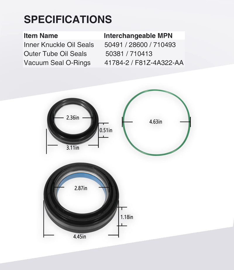 Front Axle Vaccum Knuckle & Tube Seal Kit - Fit for Ford 1998-2004 F250 F350 F450 F550 Super Duty Excursion Dana 50 60 Front Axle Knuckle Tube, Front Oil Seal Set, Replace 50491, 50381, 41784-2, 6 PCS for 1998-2004 Ford F250 F350 F450 F550