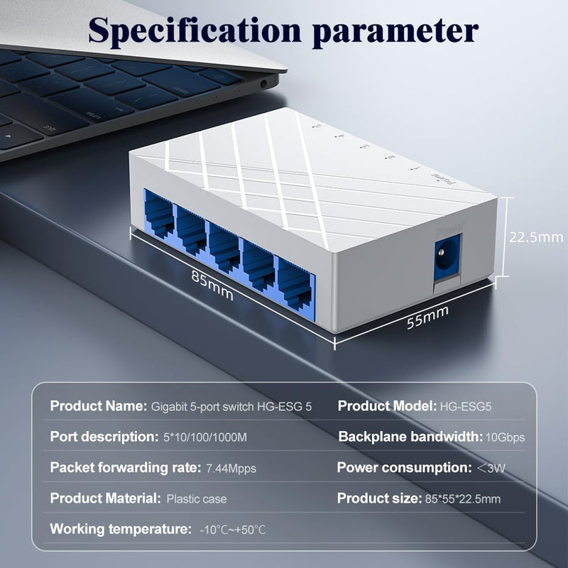 5 Port Gigabit Ethernet Switch Unmanaged - Desktop Network Switch with Plug & Play, Fanless Design for Home Office, Gaming, Streaming - Ethernet Splitter, Internet Hub, Computer Networking