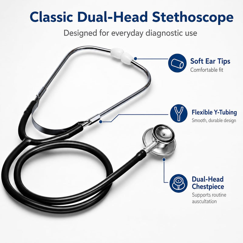 Novamedic NM-9288-BK Classic Black Dual Head Stethoscope, 22-Inch Adult Size Medical Stethoscope for Nurses, Doctors, EMTs, Nursing Students, Clinics, Nursing Homes, Cardiology & General Diagnostic Use
