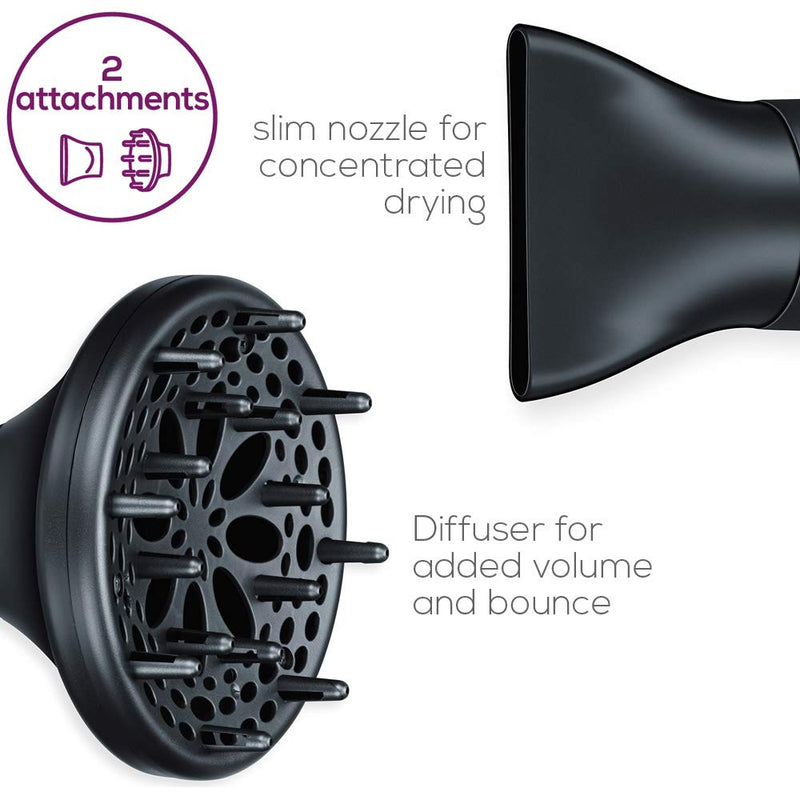 Beurer Style Pro HC55 Hair Dryer With Cable Rewind, 2000-Watt Hair Dryer With Integrated Ion Function, Slim Nozzle Attachment & Volume Diffuser Attachment, 3 Heat Settings, 2 Speed Settings- Black